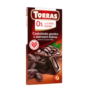 Torras - Dark Chocolate 75g 0% added sugar. Flavour: cocoa-nibs